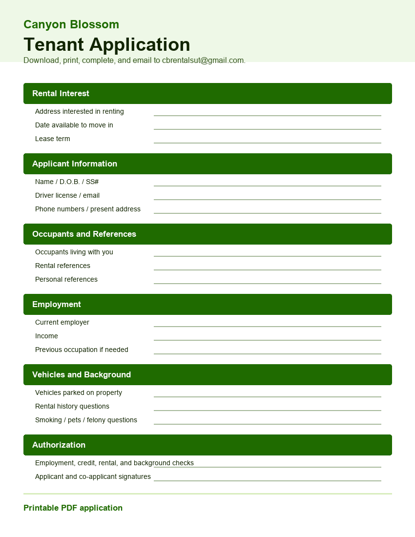 Preview of the Canyon Blossom tenant application